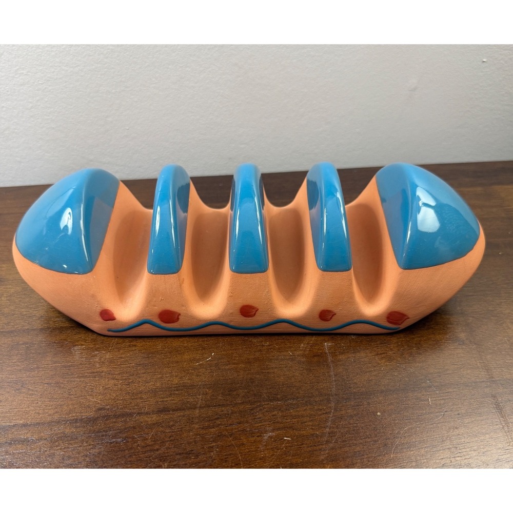 Chimark Terracotta Taco Holder Stand Made in Portugal Blue Glazed Ceramic 4 Slot